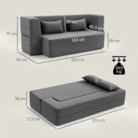 HOMCOM 2-Sitzer-Schlafsofa aus Schaumstoff, Schlafcouch mit breiten Armlehnen, 2 Kissen, 360 kg Belastbarkeit, Grau(m-3)