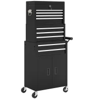 HOMCOM 3-in-1 Werkzeugkiste, Werkzeugschrank mit 4 Rädern, verschließbarer Werkzeugkasten mit 9 Schubladen, Stahl, Schwarz(m-1)