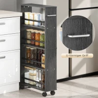HOMCOM Multifunktionsregal mit Rollen, schmale Bauweise, 4 Fächer, 45x15x91 cm, Schwarz(m-6)