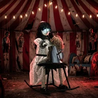 HOMCOM Animated Halloween Girl Riding Horse, Halloween Animatronics with Creepy Rhymes, Glowing Eyes, Sound/Touch Activated(m-8)
