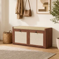 HOMCOM Rattan Shoe Bench with Padded Cushion and 2 Cabinets for Hidden Storage, Brown(m-9)