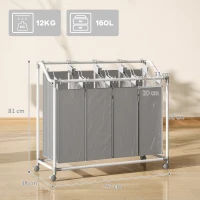 HOMCOM Wäschekorb mit 4 Fächer 160 L Wäschesammler mit Rädern, herausnehmbarer Wäschesack, 97 x 38 x 81 cm, Grau(m-3)