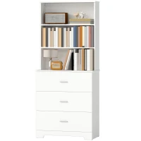 HOMCOM Bücherschrank Hochschrank Vitrinenschrank mit 3 Schubladen, 3 offen Regalen, für Wohnzimmer Küche, 79x39,5x180 cm, Weiß(m-11)