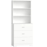 HOMCOM Bücherschrank Hochschrank Vitrinenschrank mit 3 Schubladen, 3 offen Regalen, für Wohnzimmer Küche, 79x39,5x180 cm, Weiß(m-1)