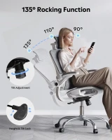 DEVAISE Ergonomic High Back Chair, Breathable Mesh Office Chair Featuring Dynamic Lumbar Support, Adjustable Headrest, 3D Armrests and 360° Swivel Function for Home Office, Grey(m-4)