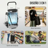 HOMCOM Carrito Escalador 3 Ruedas Bolsa Oxford 40 L Armazón de Aluminio con Asiento Plegable Negro(m-4)