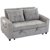HOMCOM 2-Sitzer Sofabett, Cordbezug, zum Schlafsofa umwandelbar, 2 Kissen, Seitentaschen, 157 x 190 cm, Hellgrau(m-10)
