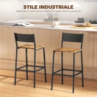 HOMCOM Set 2 Sgabelli da Bar con Schienale e Poggiapiedi Integrato in Stile Industriale, Marrone Rustico(m-4)