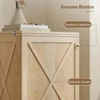 HOMCOM Mesa de Costura Plegable, Mueble de Costura Rodante, Puerta Magnética de Granero, 2 Compartimentos, Estante, 18 Clavijas, Natural(m-8)