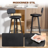 HOMCOM 2er-Set Barhocker, Kunstleder-Bezug, gepolsterter Sitz, Fußstütze, Rückenlehne, Metallrahmen, Schwarz(m-4)
