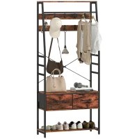 HOMCOM Garderobe mit Schuhregal, Mantelständer mit Sitzbank, 10 Haken, 2 Stoffschubladen, Kleiderstange, Spanplatte, Metall, Braun(m-12)