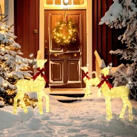Outsunny 3-teilige Weihnachts-Dekoration, Rentier-Familie mit LED-Beleuchtung, rote Schleife, Stahl, Polyester, wasserfest(m-10)