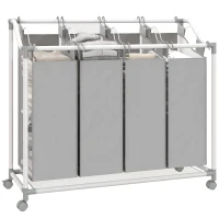 HOMCOM Wäschekorb mit 4 Fächer 160 L Wäschesammler mit Rädern, herausnehmbarer Wäschesack, 97 x 38 x 81 cm, Grau(m-12)