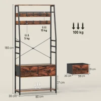 HOMCOM Garderobe mit Schuhregal, Mantelständer mit Sitzbank, 10 Haken, 2 Stoffschubladen, Kleiderstange, Spanplatte, Metall, Braun(m-3)