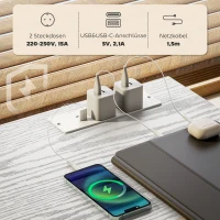 HOMCOM Schreibtisch Küchentisch mit 2 USB-Ladeanschlüssen 2 Steckdosen verstellbare Regale 3 Stoffschubladen 120x40x76 cm Weiß(m-5)