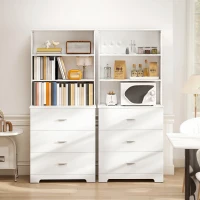 HOMCOM Bücherschrank Hochschrank Vitrinenschrank mit 3 Schubladen, 3 offen Regalen, für Wohnzimmer Küche, 79x39,5x180 cm, Weiß(m-5)