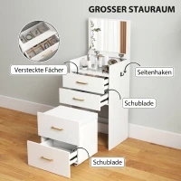 HOMCOM 3-in-1-Schminktisch mit Spiegel, Nachttisch, Rollhocker, Schubladen, Weiß(m-6)