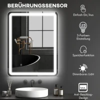 HOMCOM Badezimmerspiegel, beleuchtet, Touch-Steuerung, beschlagfrei, dimmbar, 3 Lichtfarben, 70x90, Silber(m-5)