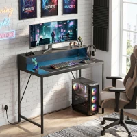 HOMCOM Gaming Desk, 100cm Computer Desk with LED Lights, Power Outlets, Monitor Stand and Remote, Black Wood-Effect(m-14)