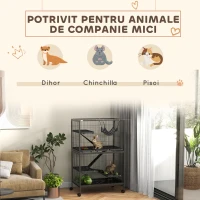 PawHut Cușcă pentru Rozătoare cu 4 Intrări și Niveluri Multiple, cu Hamac, din Metal și PP, 80x52x128 cm, Argintiu și Gri(m-4)