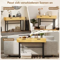 HOMCOM Konsolentisch Schmaler Flurtisch mit 2 Schubladen, Metallrahmen, für Flur 110 x 35 x 76,5 cm Natur(m-6)