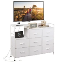 WLIVE Chest of Drawers with Charging Station, 8 Fabric Storage Drawers with Metal Frame and Wooden Top, TV Media Console Table Open Storage Shelves for Bedroom, Living Room, Hallway, White(m-7)