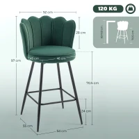HOMCOM Set of Two Velvet-Feel Lotus Bar Stools - Dark Green(m-3)