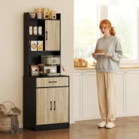 HOMCOM Küchenschrank mit Arbeitsfläche und Kabelloch, moderne Küchenkommode mit Schublade, 3 offene Regale, Naturholz, Schwarz(m-8)