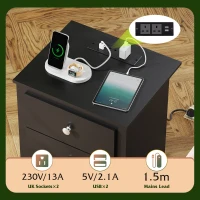 WLIVE 3-Drawer Wooden Bedside Table with Charging Station, USB Ports & Plug Sockets, Nightstand with Storage for Bedroom, Living Room, Office (2, Black)(m-6)