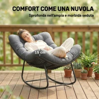 Outsunny Sedia a Dondolo stile Boho in Rattan e Metallo con Cuscino Morbido, 87x110x70 cm, Grigio Scuro(m-4)