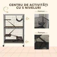 PawHut Cușcă pentru Rozătoare cu 4 Intrări și Niveluri Multiple, cu Hamac, din Metal și PP, 80x52x128 cm, Argintiu și Gri(m-6)