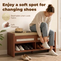 HOMCOM Boho Shoe Bench with 2 Rattan Drawers, Shoe Storage Bench with Cushioned Seat and Open Shelf Brown(m-7)