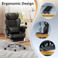 DEVAISE Ergonomic Executive Office Chair, PU Leather Chair with Telescopic Footrest and Height Adjustment, Built-in Lumbar Support, 145° Reclining Backrest Design for Office Use, Black(m-4)
