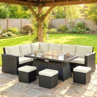 Outsunny 7 Pieces PE Rattan Garden Furniture Set, 50,000 BTU Gas Fire Pit Table, Double Corner Sofa and 3 Footstools(m-10)