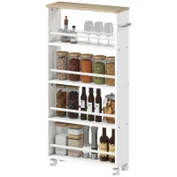HOMCOM Multifunktionsregal mit Rollen, schmale Bauweise, 4 Fächer, 45x15x91 cm, Natur(m-11)