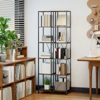 HOMCOM 2er-Set 6-Ebenen-Bücherregal, Stahlrahmen, für Wohnzimmer, Büro, Schlafzimmer, Rustikal-Braun(m-10)