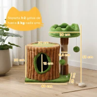PawHut Árbol Rascador para Gatos 53 cm Diseño de Tronco con Casita Cama Poste de Yute Bolas Marrón y Verde(m-3)