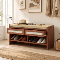 HOMCOM Boho Shoe Bench with 2 Rattan Drawers, Shoe Storage Bench with Cushioned Seat and Open Shelf Brown(m-8)