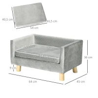 PawHut Sofá para Perros Pequeños 64x45x36 cm Tapizado en Terciopelo con Cojín Lavable y Patas de Madera de Abedul Gris Oscuro(m-3)