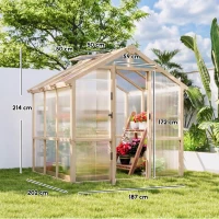 Outsunny 6.6 x 6ft Polycarbonate Greenhouse, Walk-in Wooden Greenhouse with Lockable Door and Window, Garden Plants Grow House, Brown(m-3)