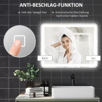 HOMCOM Badezimmerspiegel, beleuchtet, Touch-Steuerung, beschlagfrei, dimmbar, 3 Lichtfarben, 70x90, Silber(m-7)