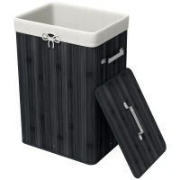 HOMCOM Wäschekorb, Wäschebox, Wäschesammler mit Deckel, Segeltuchsack, Bambus, faltbar, 72L, Schwarz 40 x 30 x 60 cm(m-11)