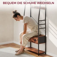 HOMCOM Garderobe mit Schuhregal, Mantelständer mit Sitzbank, 10 Haken, 2 Stoffschubladen, Kleiderstange, Spanplatte, Metall, Braun(m-6)