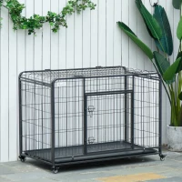 PawHut Kennel per Cani Pieghevole a Doppia Porta con Blocco, 4 Ruote con Freno e Fondo Rimovibile, 94x58x69.5 cm, Grigio(m-9)