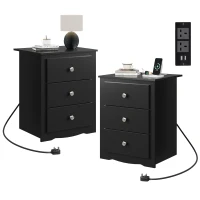 WLIVE 3-Drawer Wooden Bedside Table with Charging Station, USB Ports & Plug Sockets, Nightstand with Storage for Bedroom, Living Room, Office (2, Black)(m-2)