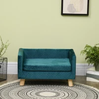 PawHut Sofá para Perros Pequeños 64x45x36 cm Tapizado en Terciopelo con Cojín Lavable y Patas de Madera de Abedul Azul Verdoso(m-9)