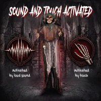 HOMCOM 170cm Animated Grim Reaper, Life-Size Halloween Animatronic with Moving Hands/Head, Glowing Eyes, Creepy Sound(m-5)