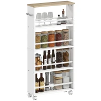 HOMCOM Multifunktionsregal mit Rollen, schmale Bauweise, 4 Fächer, 45x15x91 cm, Natur(m-12)