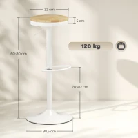 HOMCOM Barhocker 2er Set, Höhenverstellbar 360° Drehbar Barstuhl mit Stahlgestell Fußstütze 38,5x38,5x60-80 cm Naturholz+Weiß(m-3)