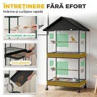 PawHut Colivie Mare pentru Păsări cu Roți, Stinghii, Acoperiș și Hrănitori, pentru Papagali și Canari, Negru(m-7)